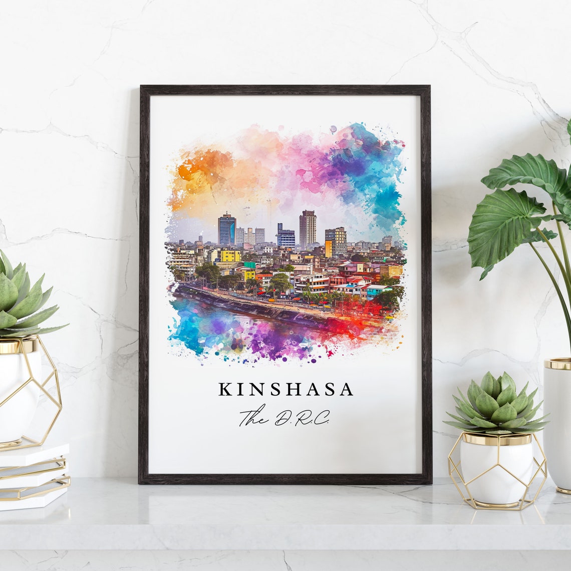 Kinshasa The DRC Riverfront Skyline Watercolor Travel Poster - Image 4