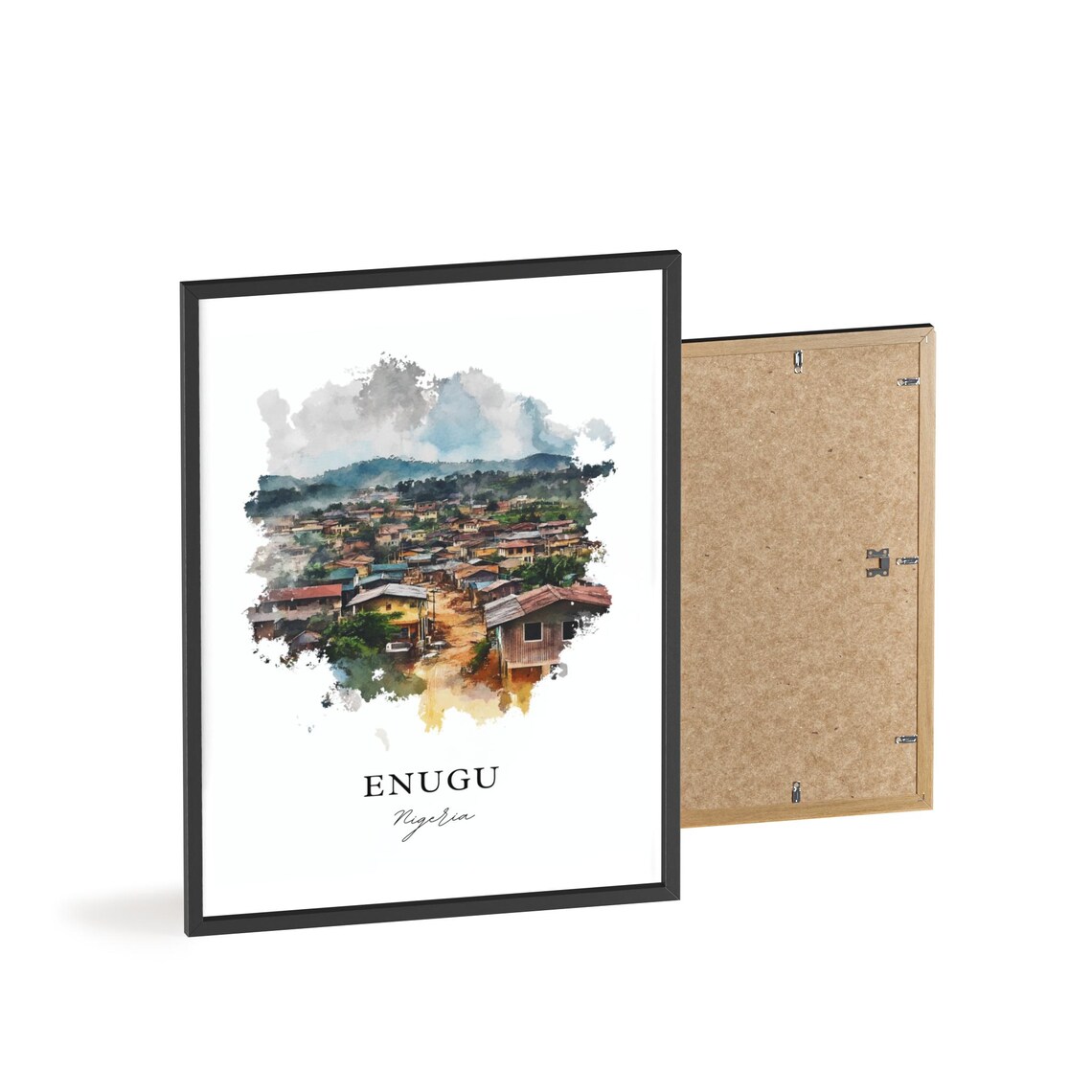 Enugu Nigeria Misty Hillside Town Watercolor Travel Art Poster - Image 4