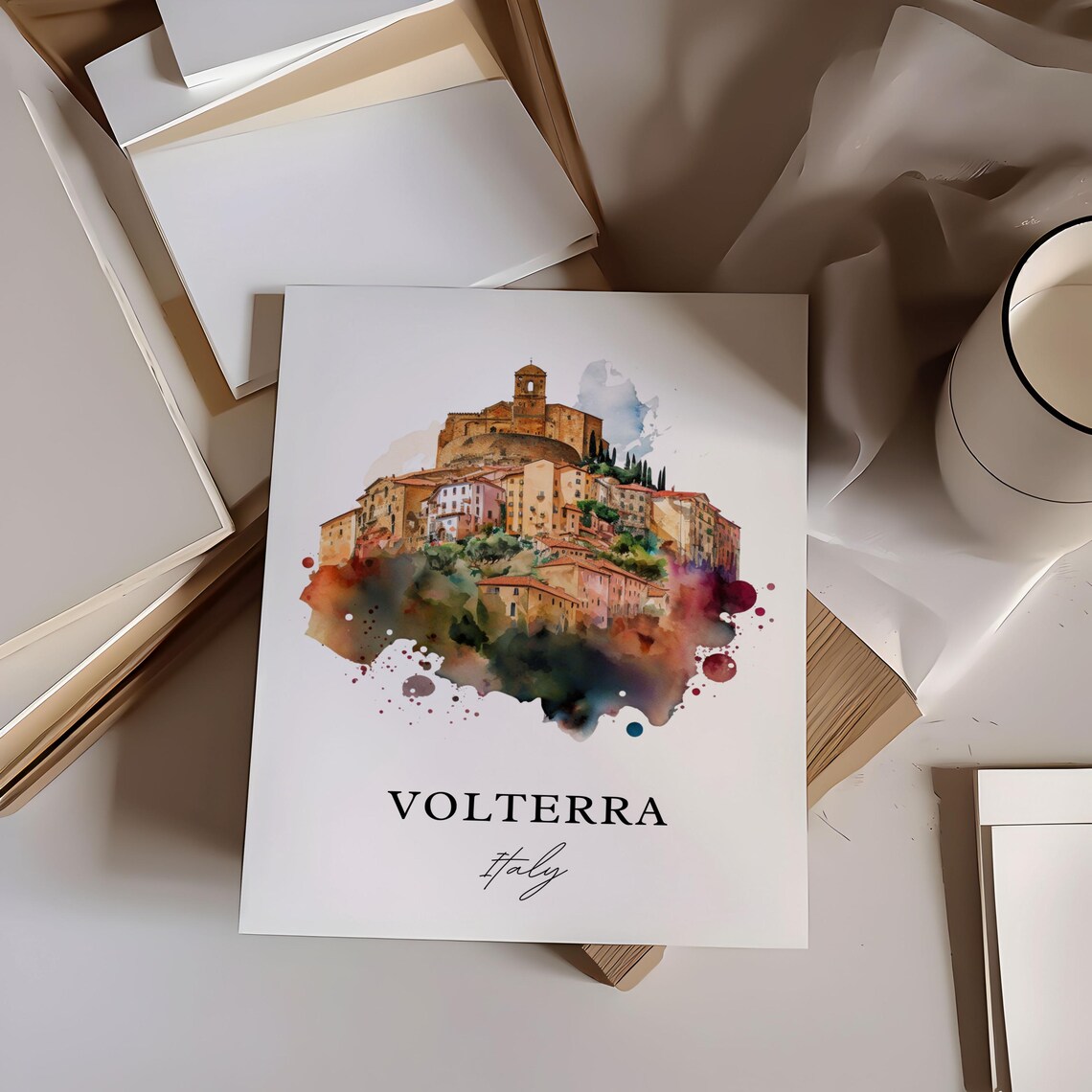 Volterra Italy Golden Tuscan Hilltop Town Watercolor Travel Poster - Image 6