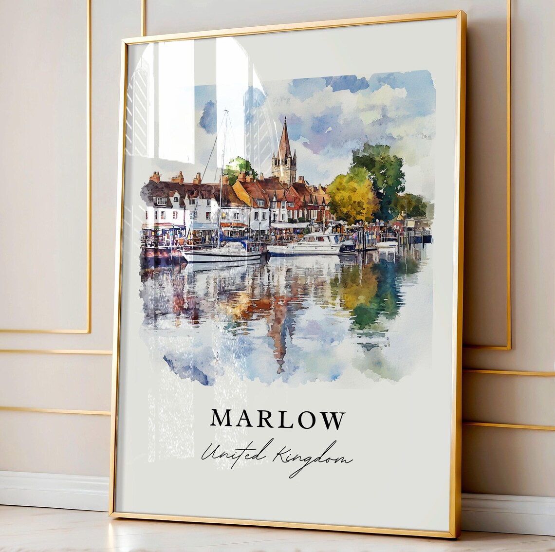 Marlow United Kingdom Watercolor Harbour Sailboats Town Poster - Image 3