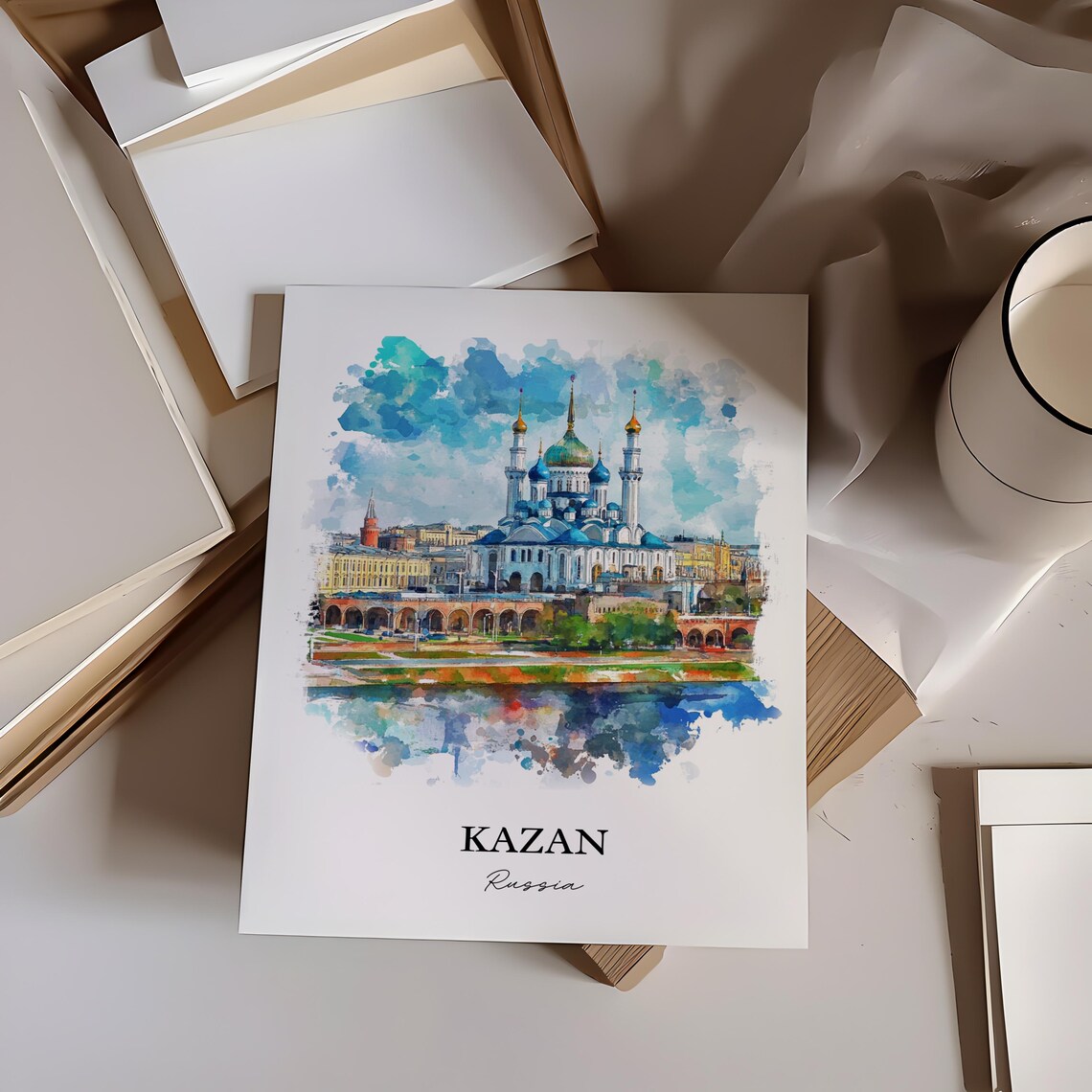 Kazan Russia Watercolor Mosque Minarets River View Travel Poster - Image 3