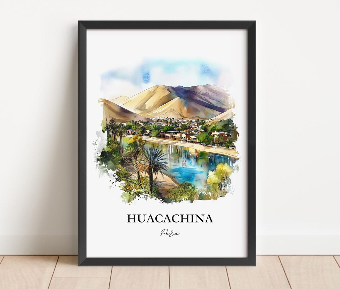 Huacachina Peru Desert Oasis Palm Lagoon Dunes Watercolor Poster - Image 4