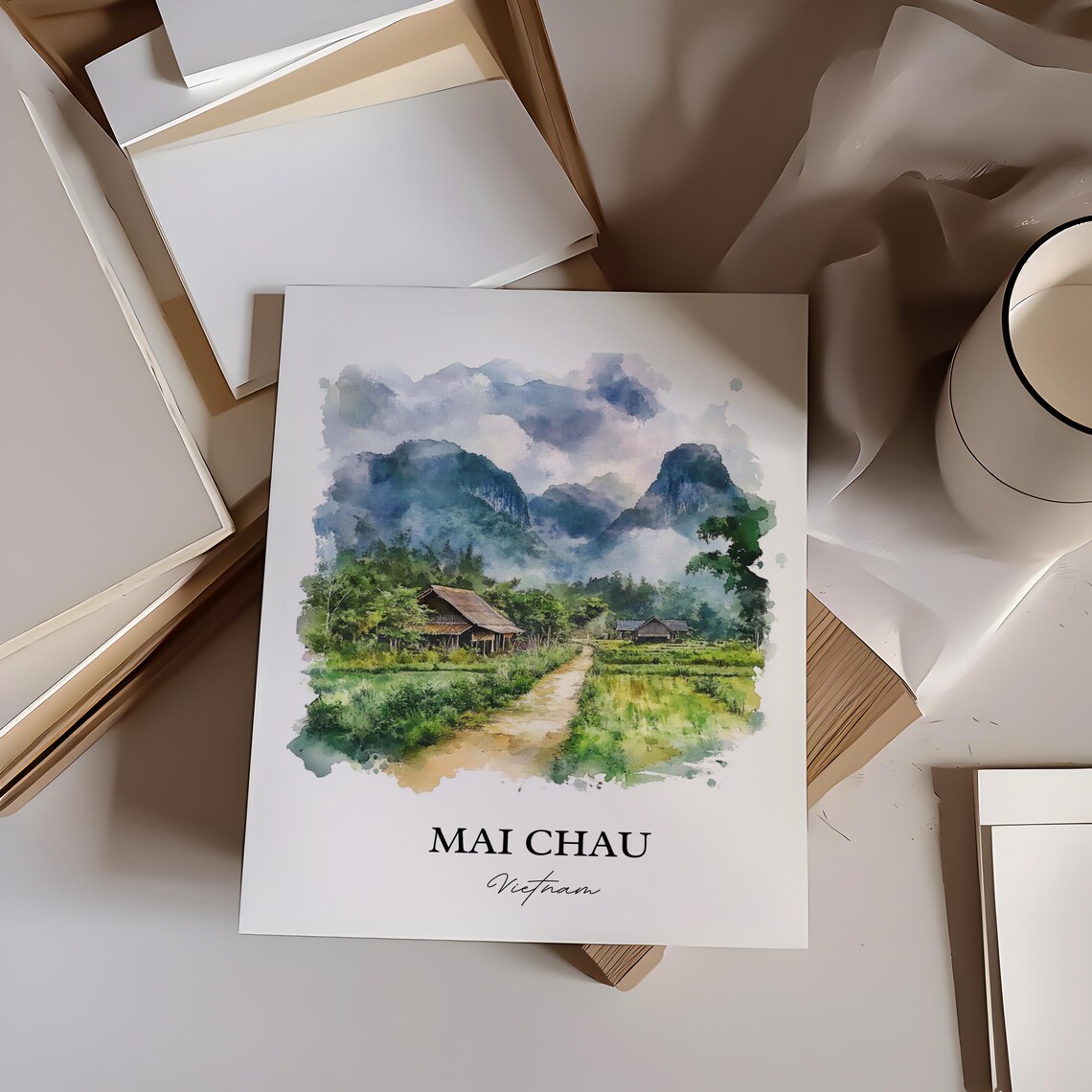 Mai Chau Vietnam Watercolor Art Valley Stilt Houses Fields Poster - Image 2