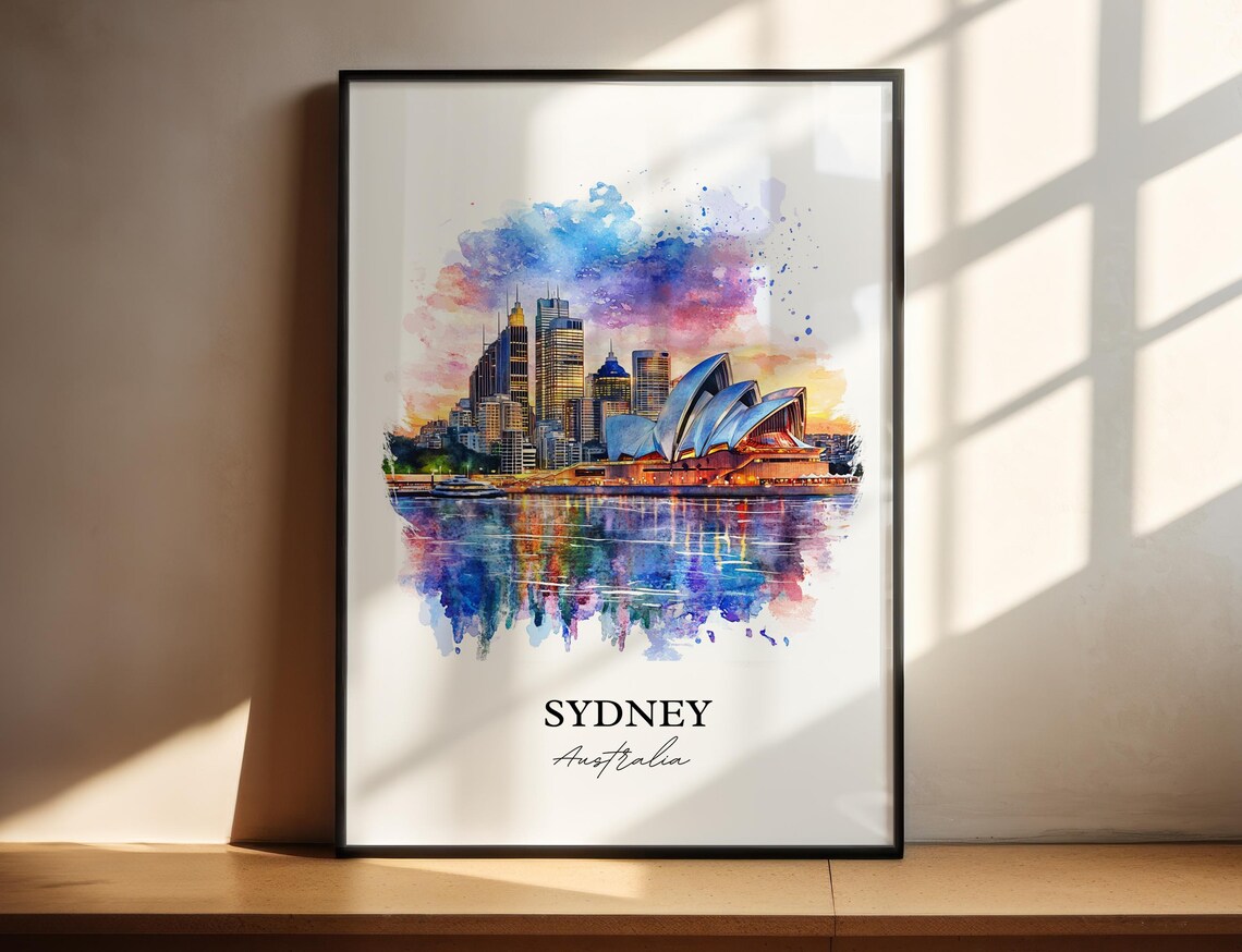 Sydney Australia Opera House Harbor Sunset Watercolor Art Poster