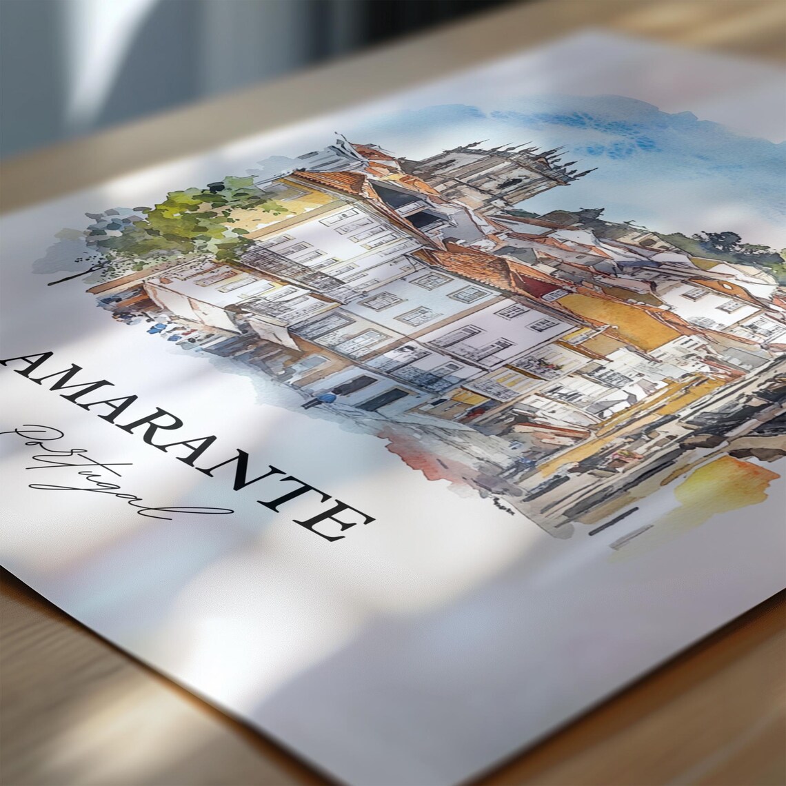 Amarante Portugal Watercolor Hillside Old Town Church Tower Poster - Image 6
