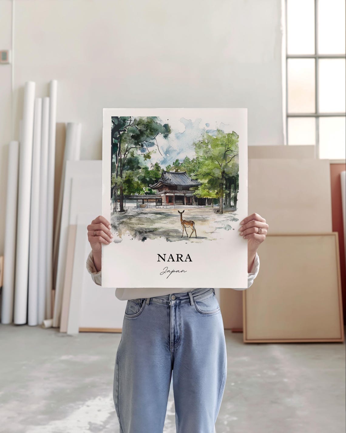 Nara Japan Deer Park Watercolor Travel Poster - Image 3
