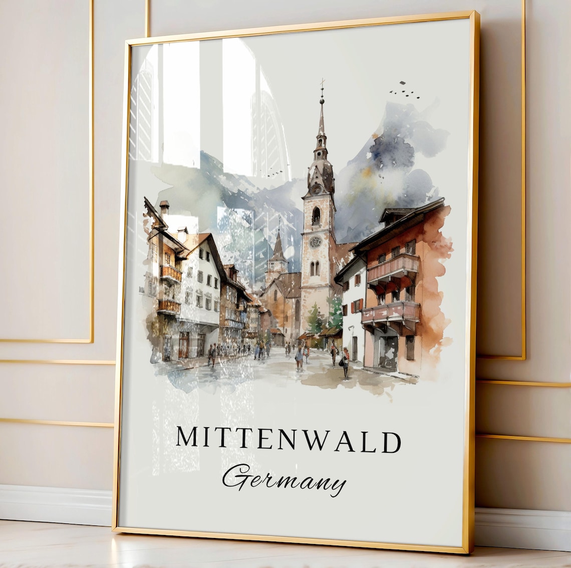Mittenwald Germany Alpine Village Street Watercolor Travel Poster