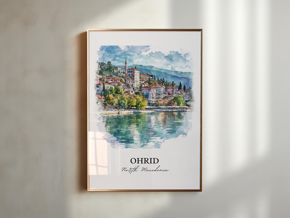 Ohrid North Macedonia Watercolor Lakeside Old Town View Poster - Image 2