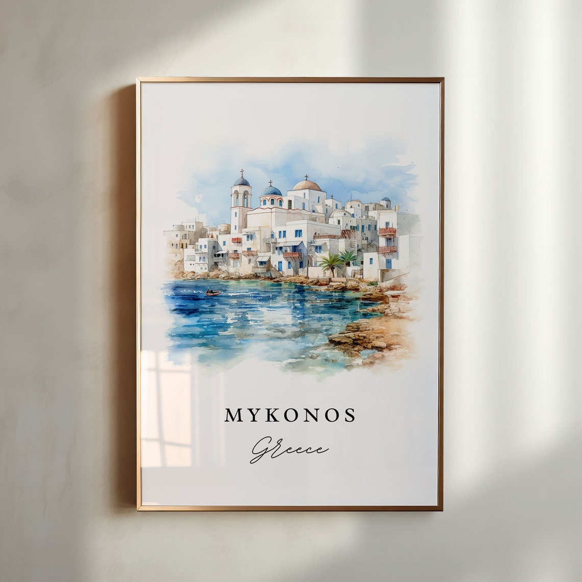 Mykonos Greece Whitewashed Town Blue Domes Watercolor Poster
