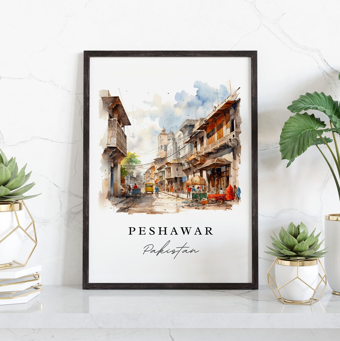 Peshawar Pakistan Watercolor Old City Bazaar Street Scene Poster - Image 3