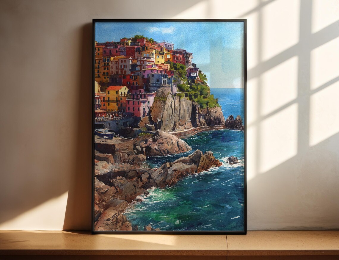 Cinque Terre Italy Cliffside Village Sea Watercolor Travel Poster