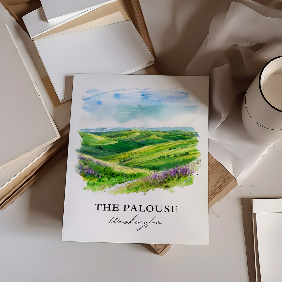 The Palouse Washington Watercolor Rolling Hills Scene Art Poster - Image 6
