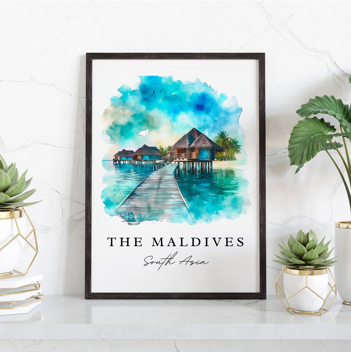 Maldives South Asia Overwater Villas Jetty Watercolor Art Poster - Image 2