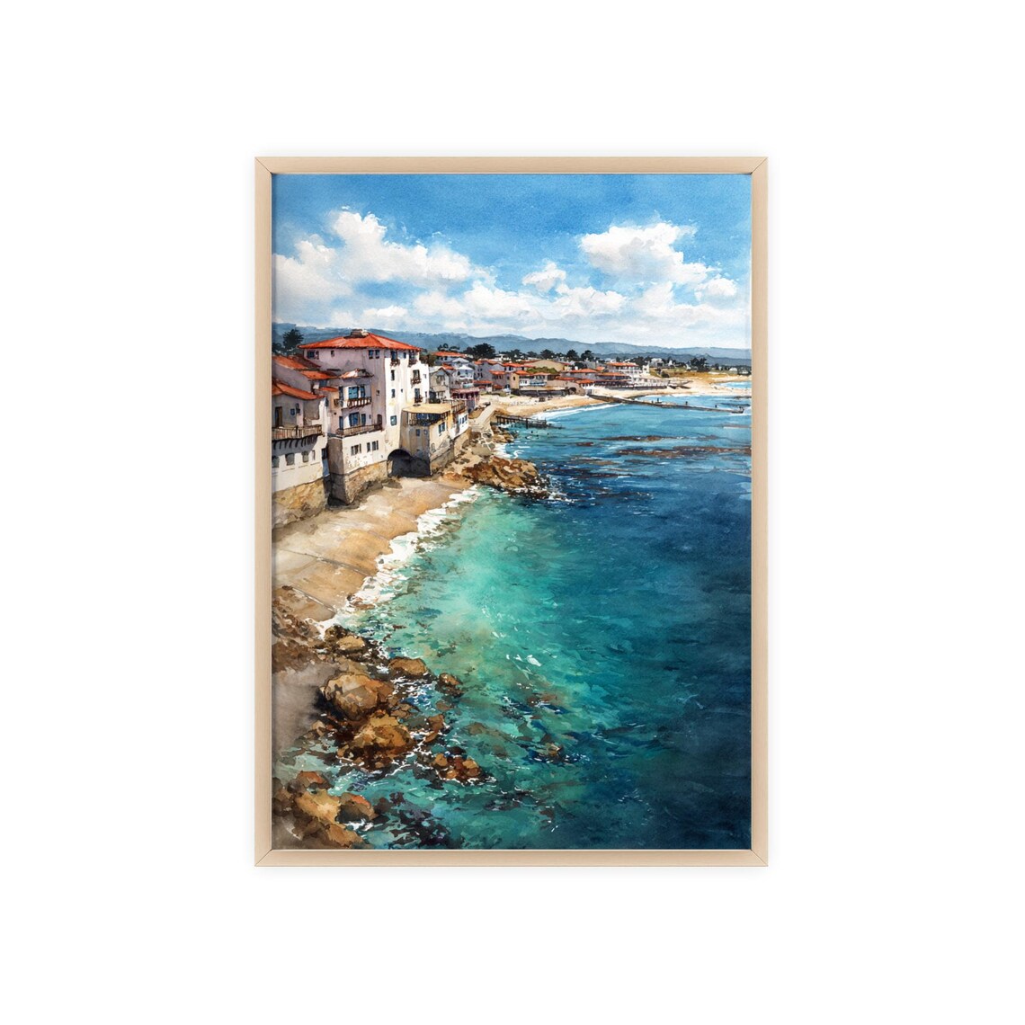 Monterey California Coastal Wharf Turquoise Bay Watercolor Travel Poster