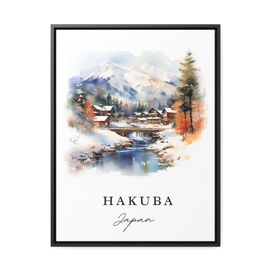 Hakuba Japan Watercolor Snowy Alpine Mountain Village Scene Poster - Image 2