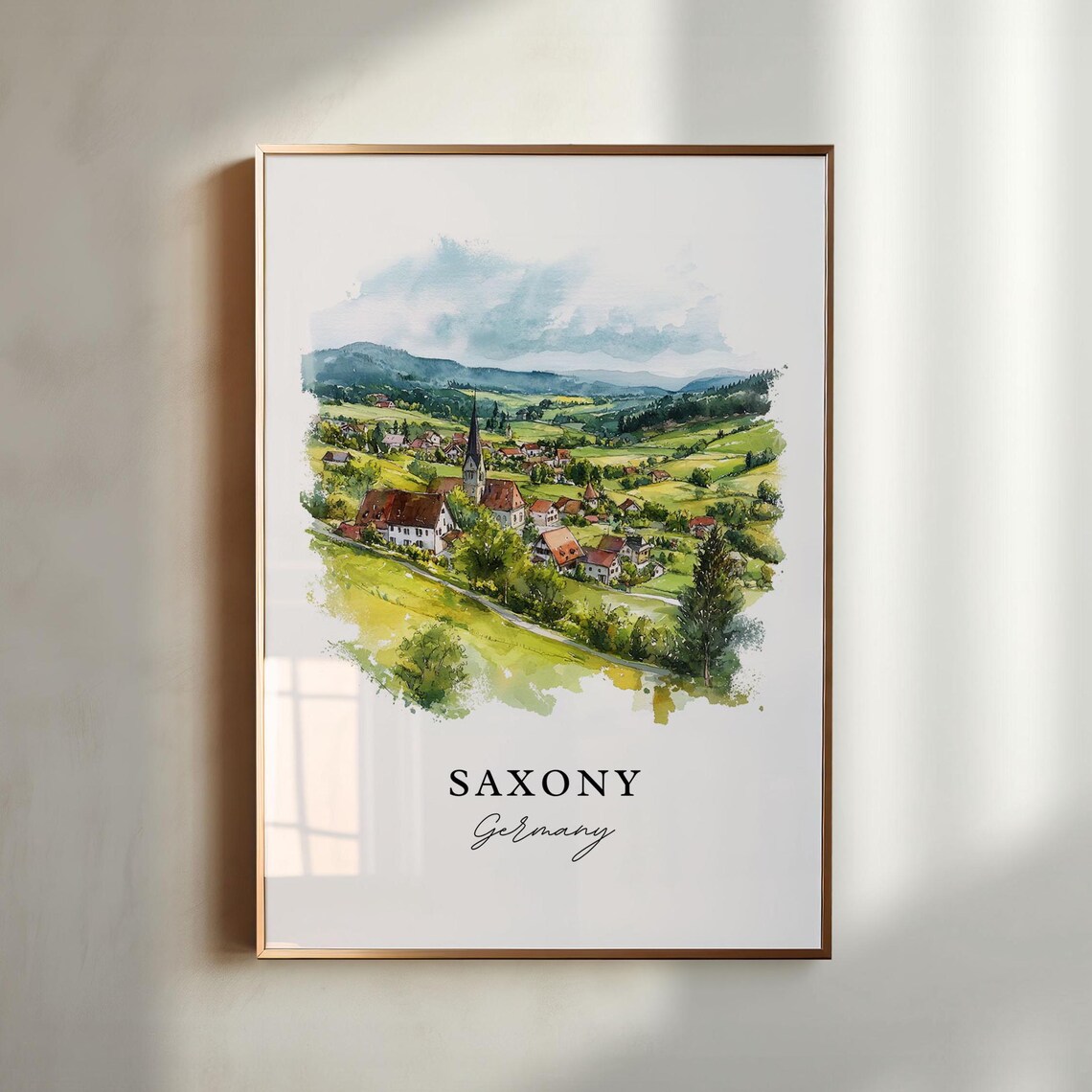 Saxony Germany Countryside Village Church Watercolor Travel Poster