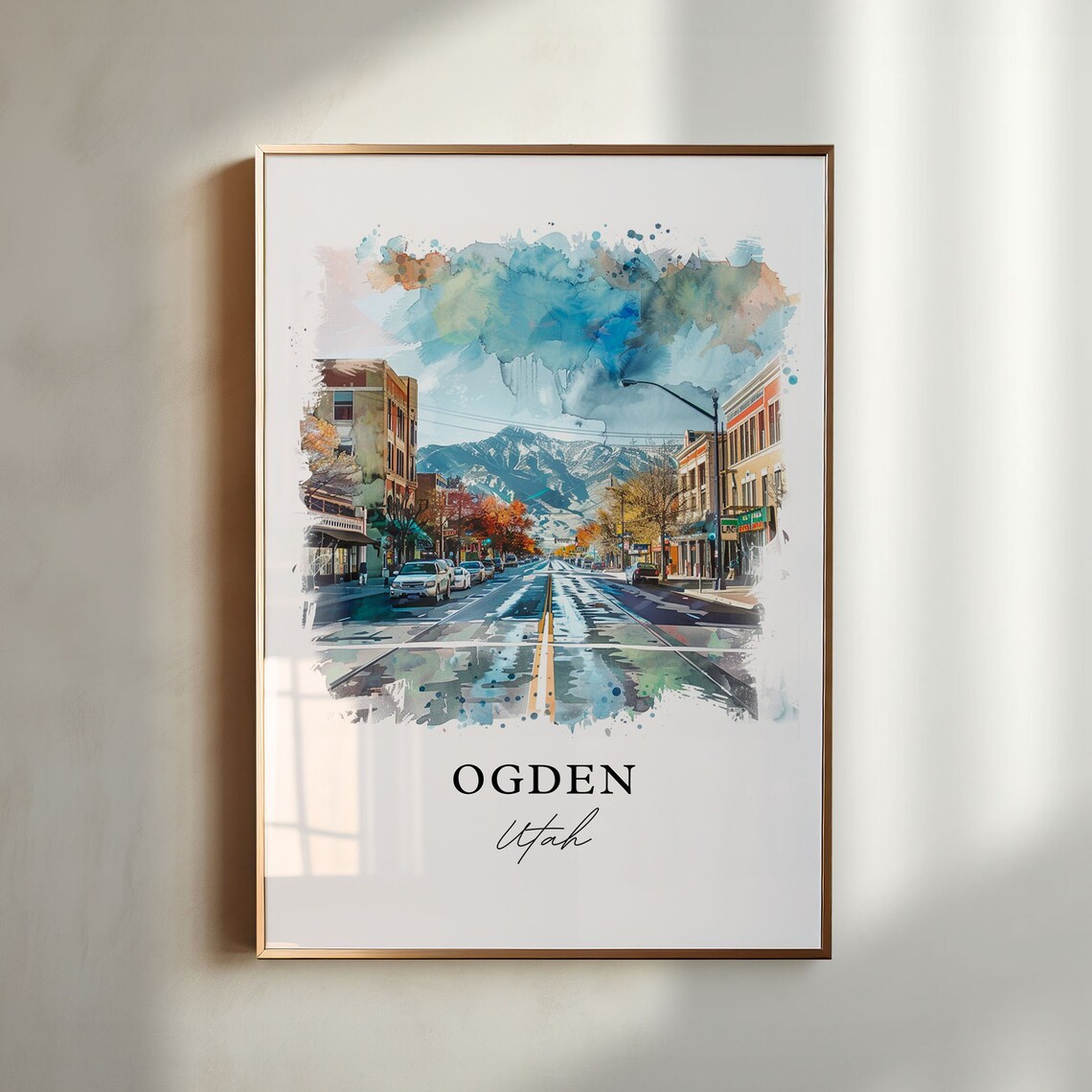 Ogden Utah Downtown Street Snowy Mountain Watercolor Cityscape Poster