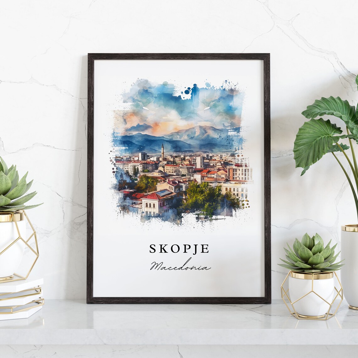 Skopje Macedonia City Skyline Mountain Watercolor Travel Poster - Image 3