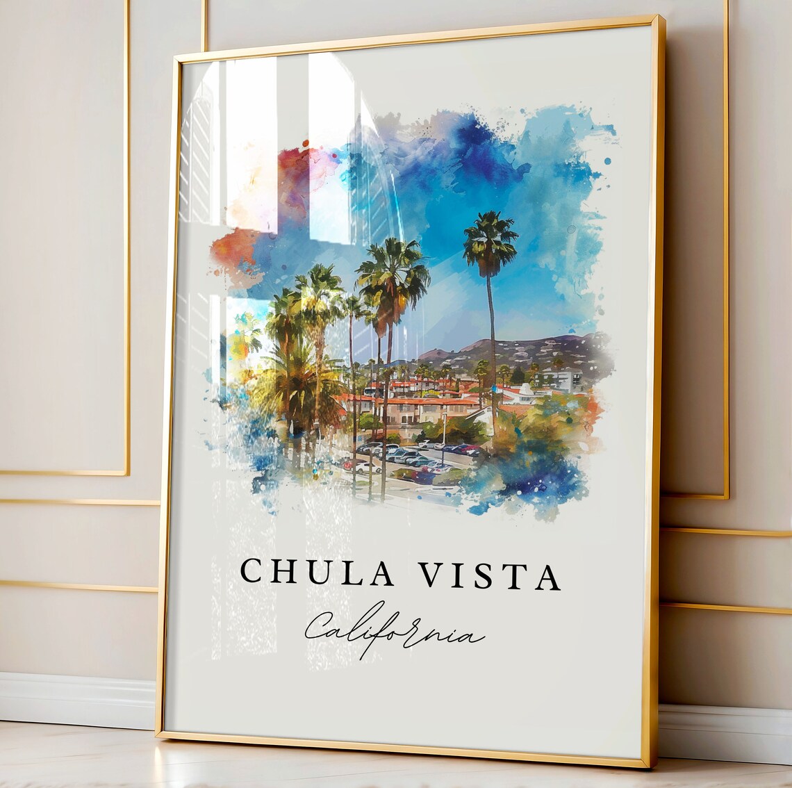 Chula Vista California Palm Tree Town Watercolor Travel Poster - Image 4