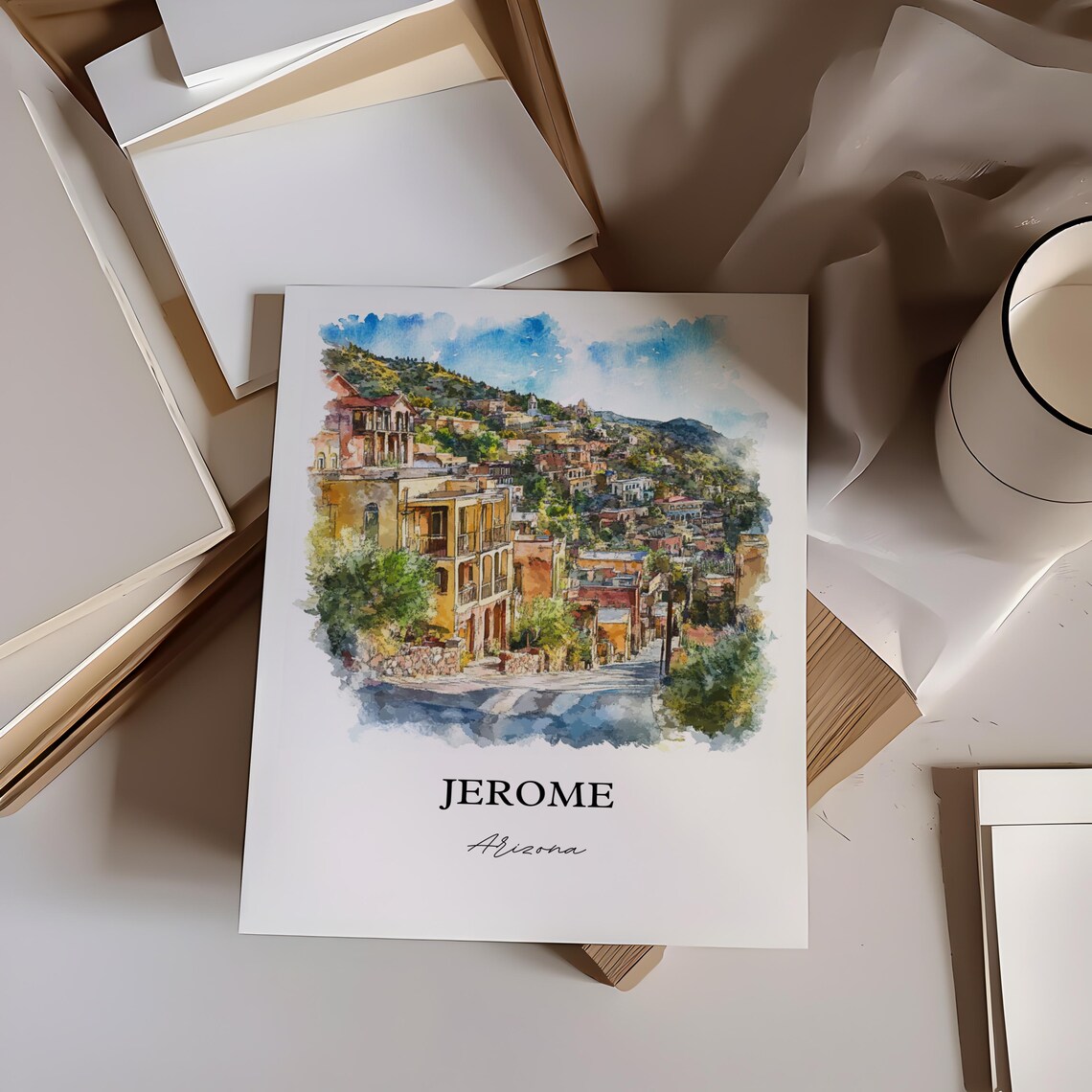 Jerome Arizona Historic Hillside Mining Town Watercolor Travel Poster - Image 2