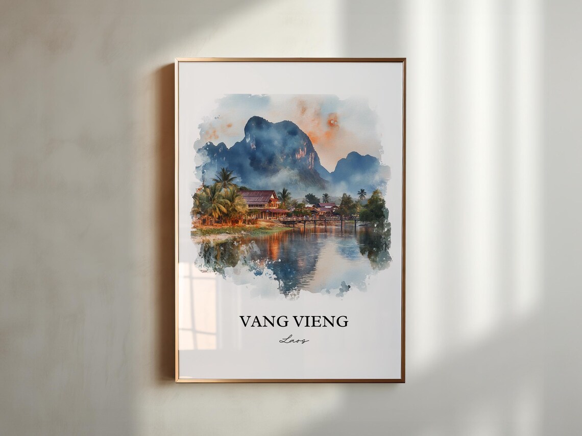 Vang Vieng Laos Watercolor Karst Mountains Sunset River Poster - Image 3