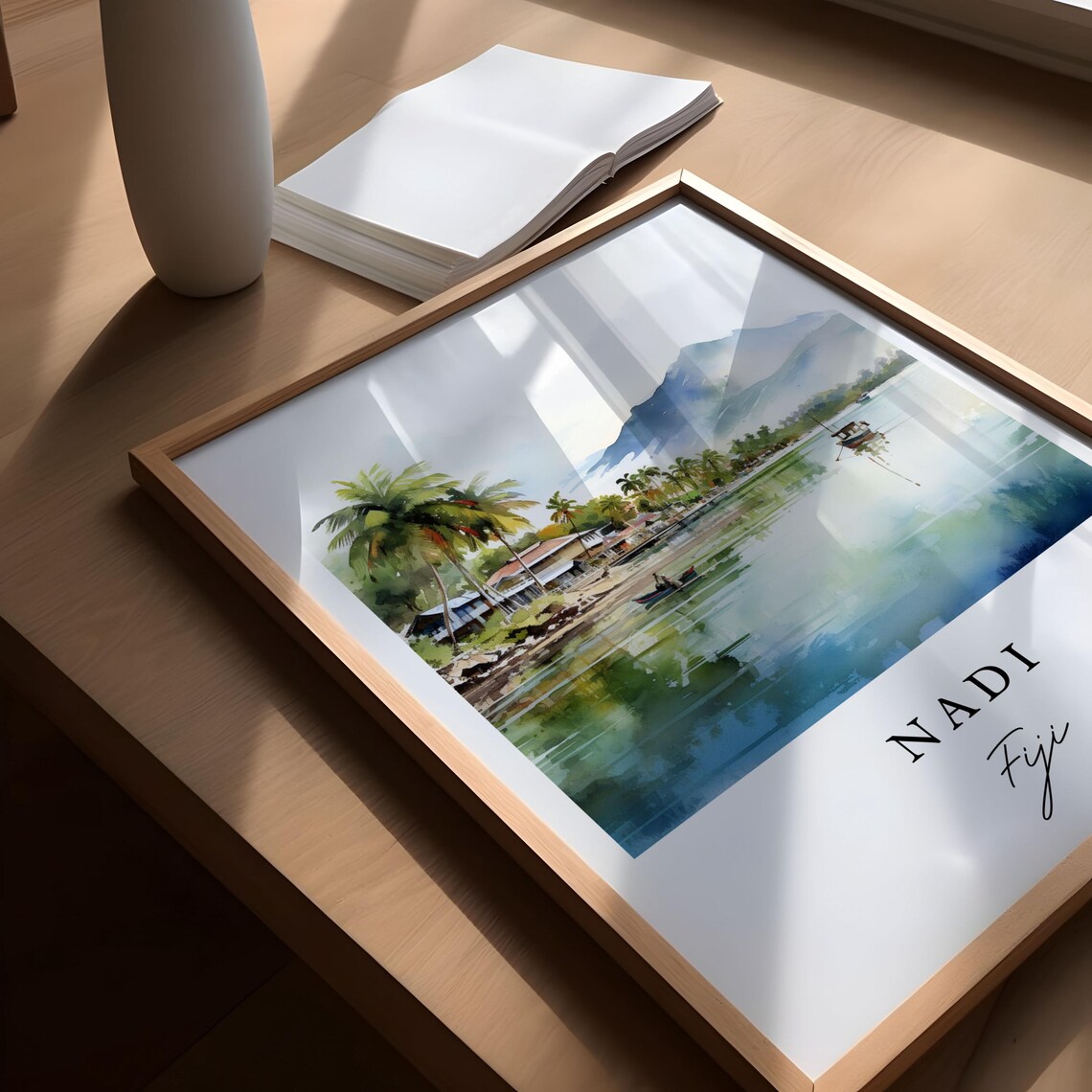 Nadi Fiji Watercolor Coastal Village Tropical Island Travel Poster - Image 5