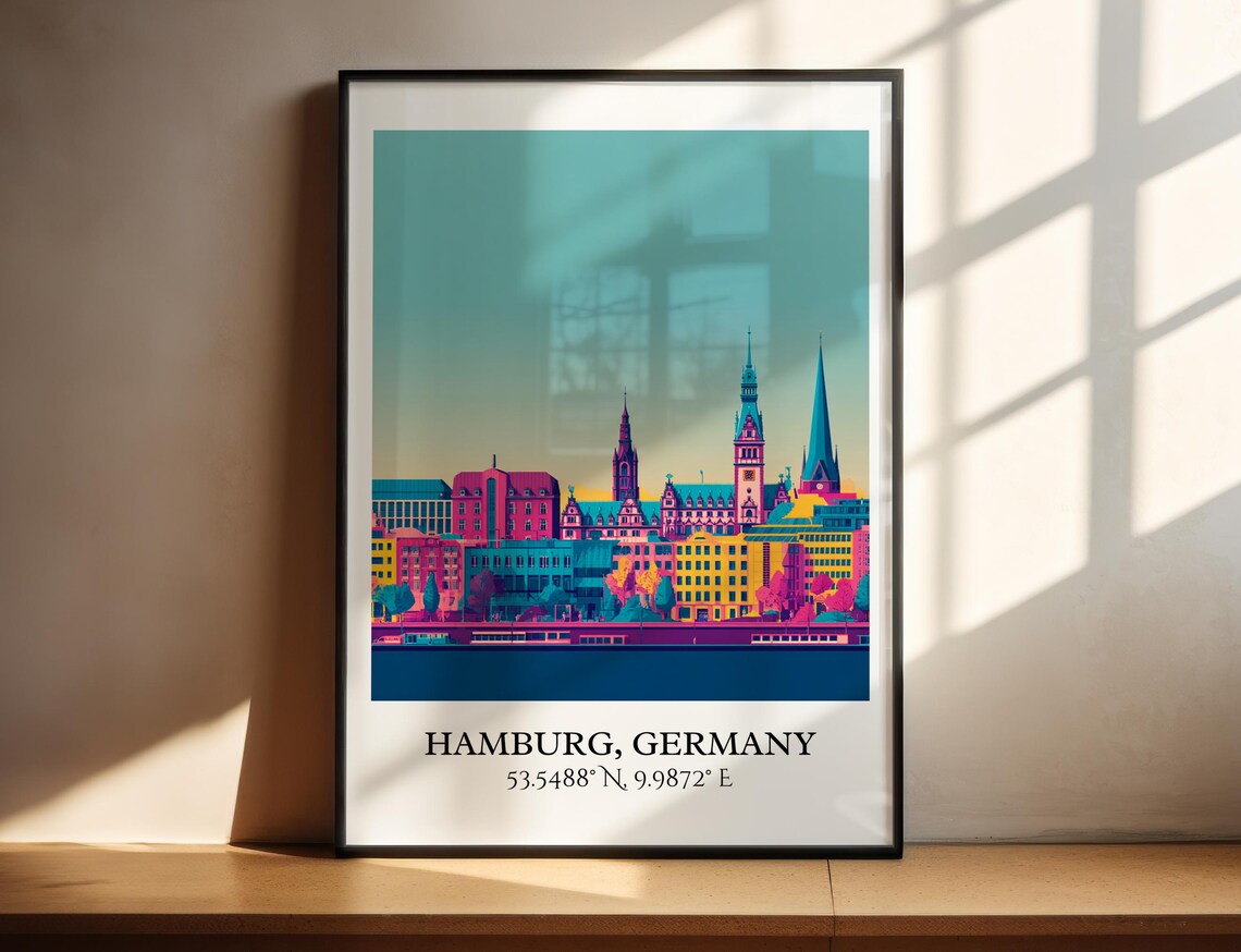 Hamburg Germany Harbor Skyline Churches Vibrant Travel Poster