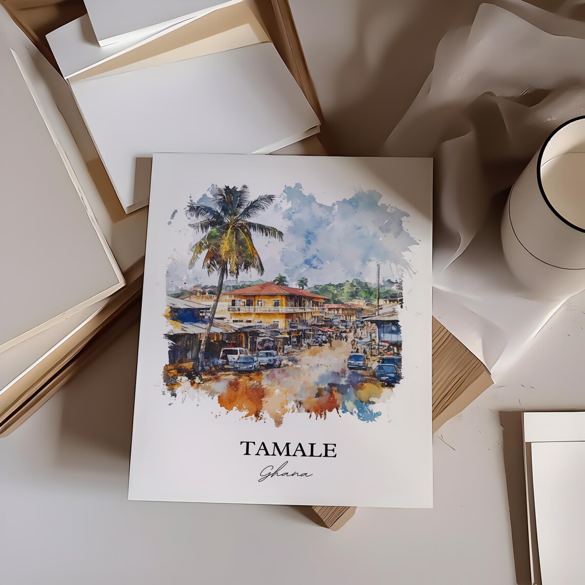 Tamale Ghana African Watercolor Busy Street Palm Scene Poster - Image 4