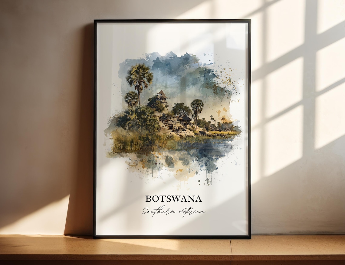 Botswana Southern Africa Riverside Lodge Watercolor Travel Poster