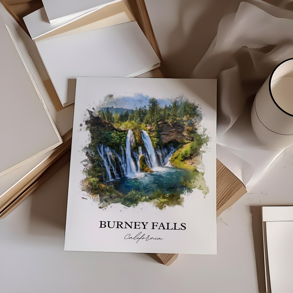 Burney Falls California Shasta County Cascade Watercolor Travel Poster - Image 4