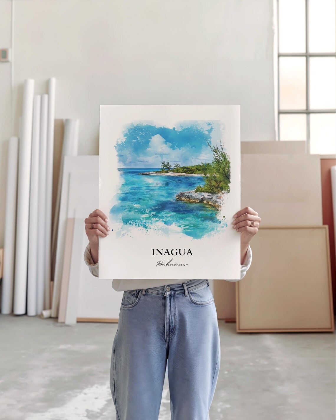 Inagua Bahamas Watercolor Turquoise Coastline Point Art Poster - Image 5