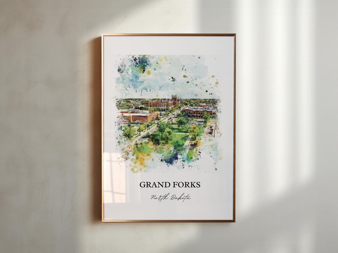 Grand Forks North Dakota Watercolor City Aerial Green Park Poster - Image 2