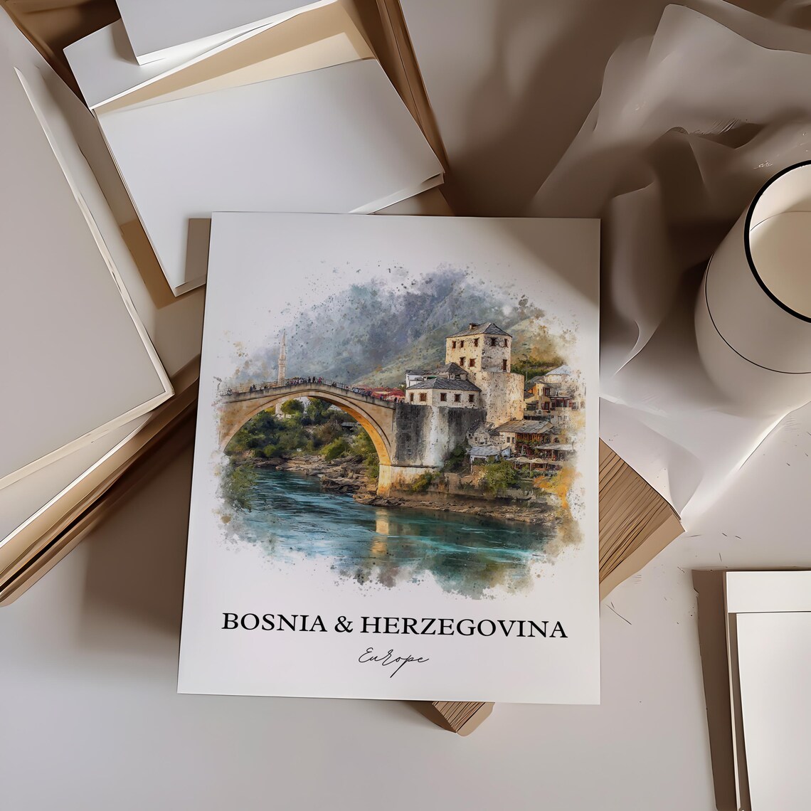 Bosnia Herzegovina Stari Most Bridge Watercolor River Landscape Poster - Image 3