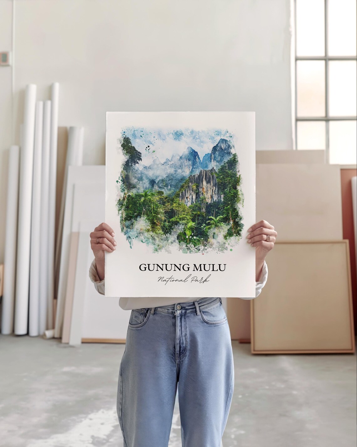 Gunung Mulu Malaysia Rainforest Karst Peaks Watercolor Travel Poster - Image 5