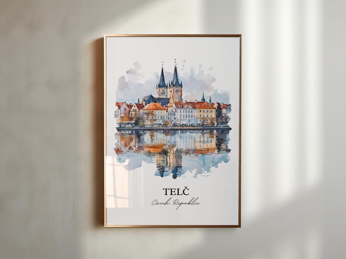 Telc Czech Republic Watercolor Old Town Square View Travel Poster - Image 4