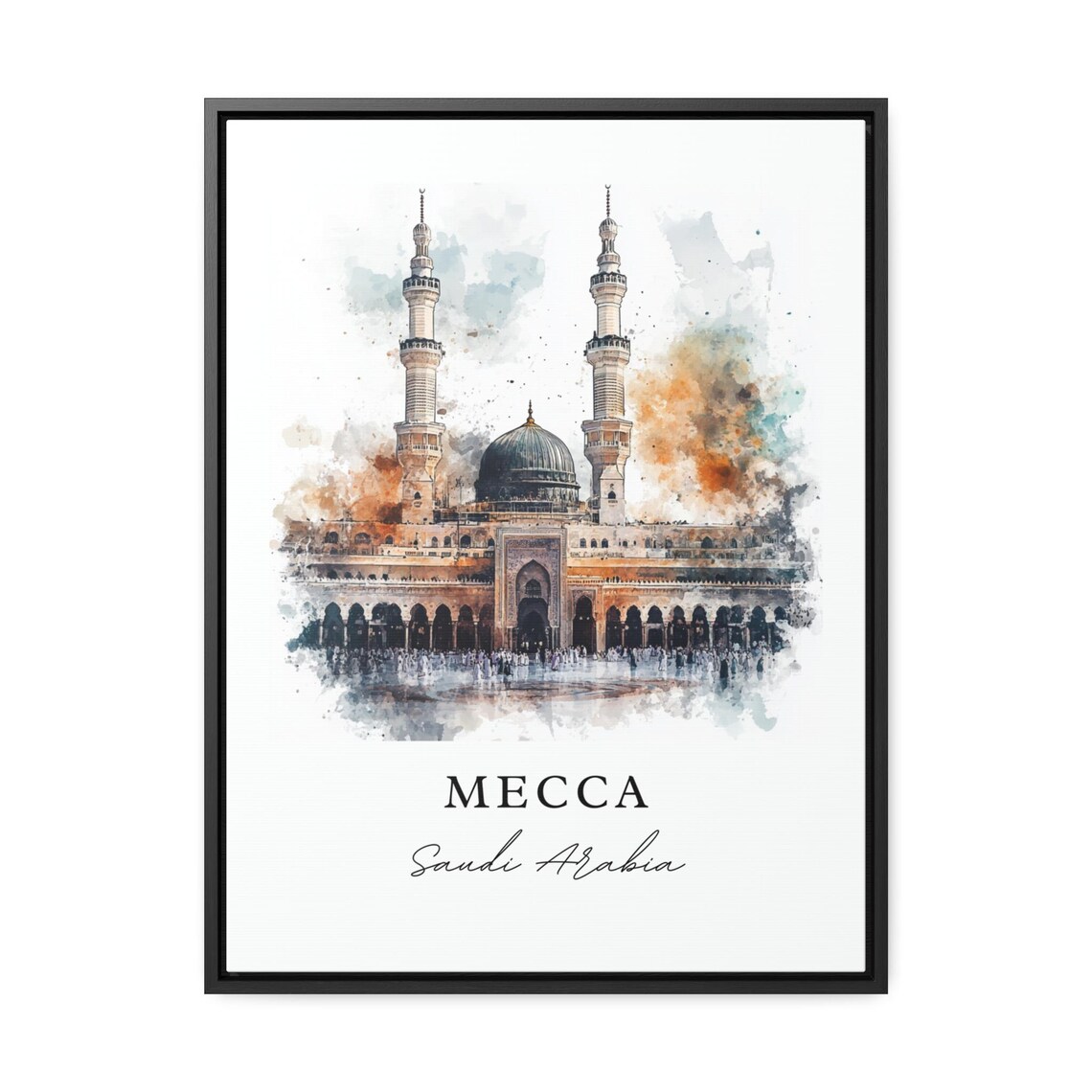 Mecca Saudi Arabia Watercolor Green Dome Mosque Prayer Art Poster - Image 3