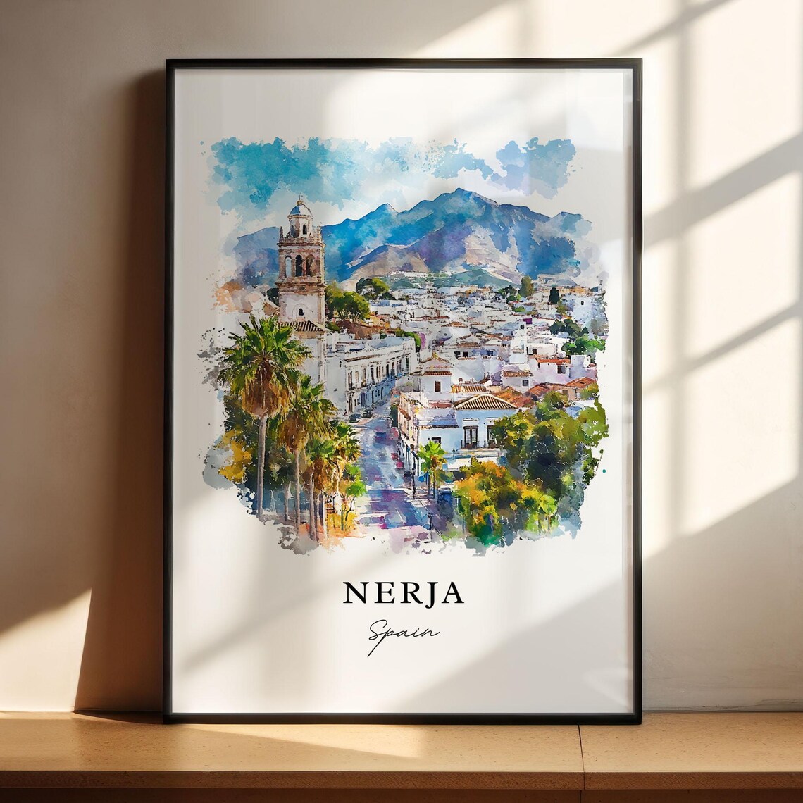 Nerja Spain White Town Watercolor Mountain Street Travel Art Poster - Image 4