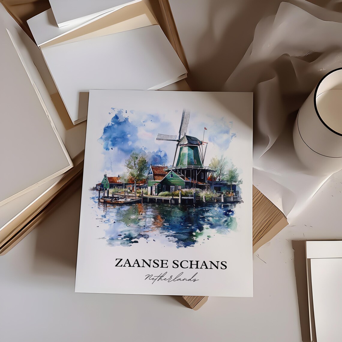 Zaanse Schans Netherlands Watercolor Windmill Canal Scene Poster - Image 2