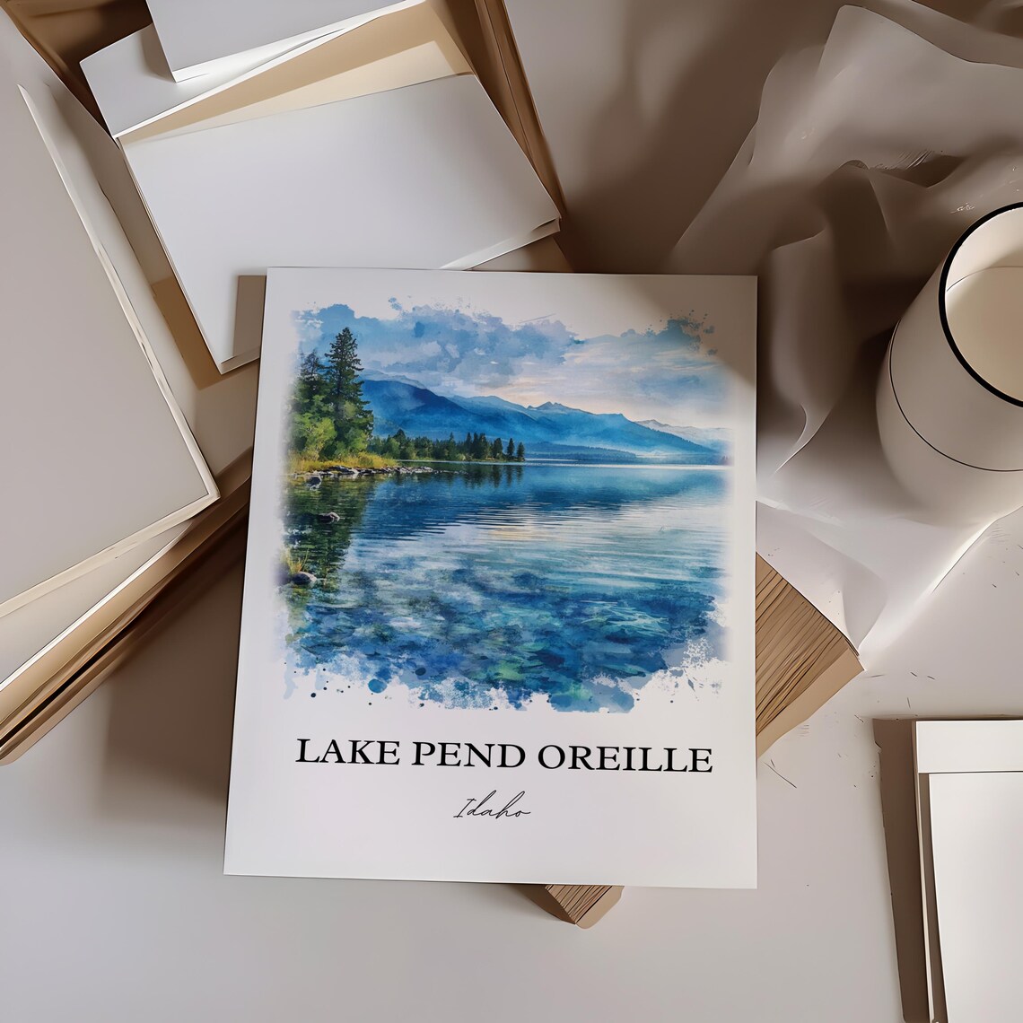 Lake Pend Oreille Idaho Watercolor Lake Landscape Travel Poster - Image 4
