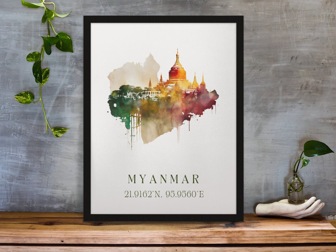 Myanmar Golden Pagoda Watercolor Art Sacred Temple Spires Poster