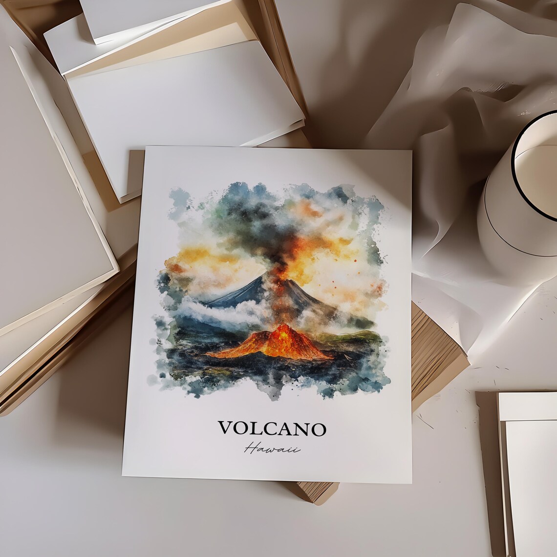 Volcano Hawaii Erupting Lava Watercolor Travel Art Gift Poster - Image 3