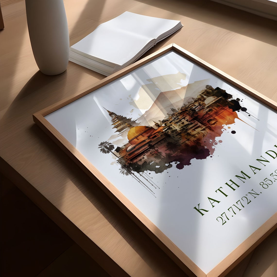 Kathmandu Nepal Temple Watercolor Travel Art Poster With Coordinates - Image 6
