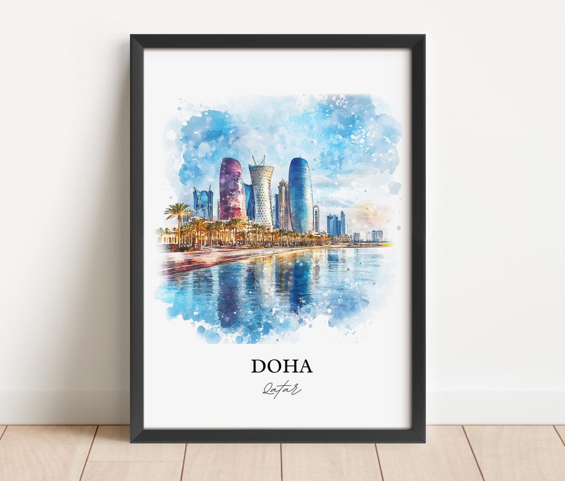 Doha Qatar Waterfront Modern Skyline Watercolor Travel Poster - Image 5
