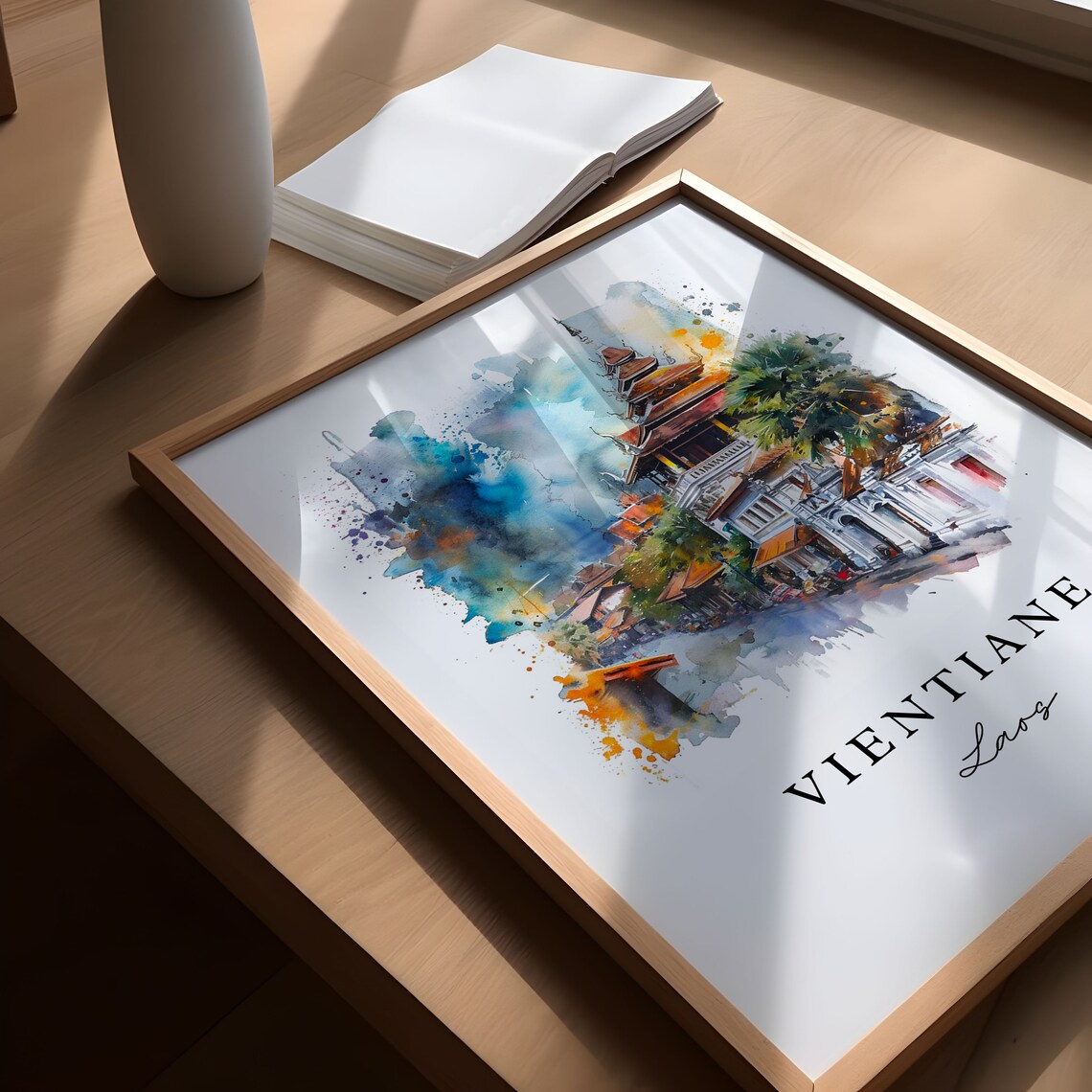 Vientiane Laos Watercolor Temple Street Pagoda Travel Poster - Image 6