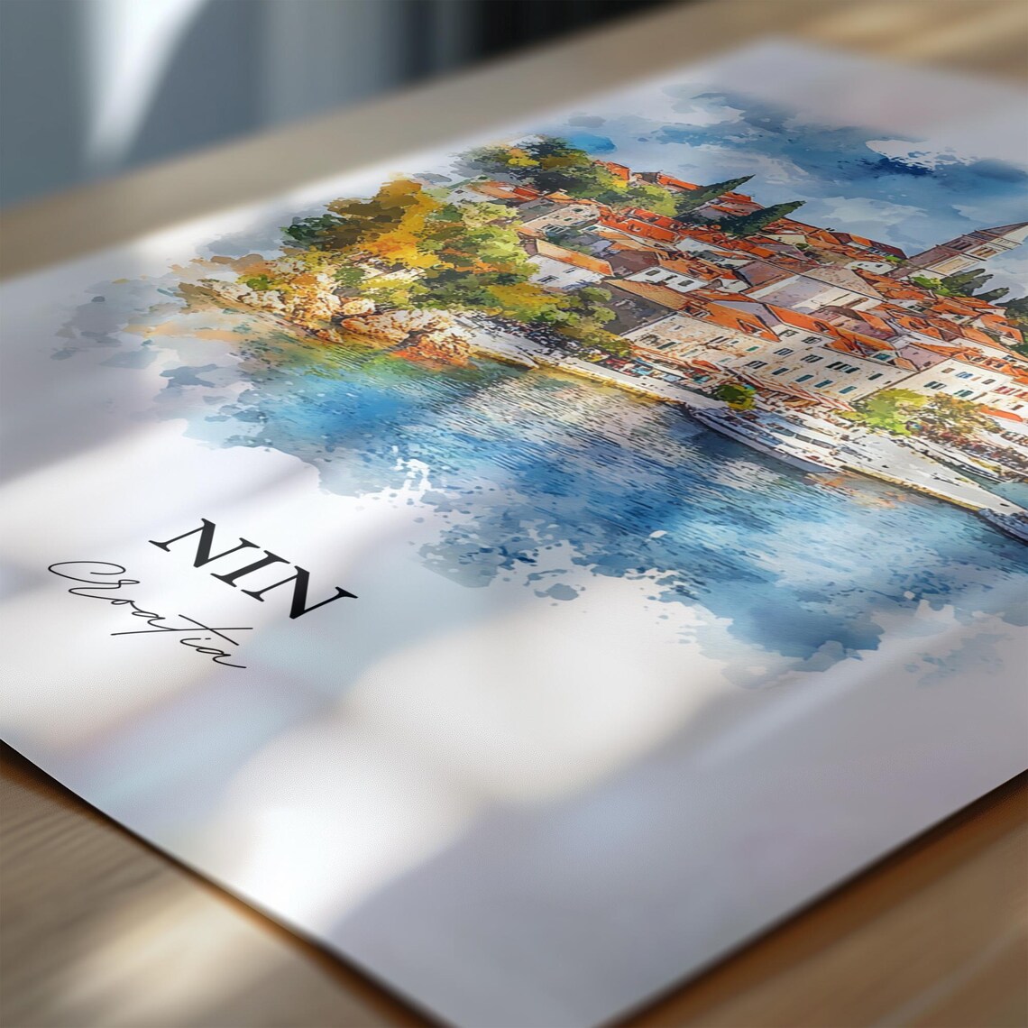 Nin Croatia Coastal Old Town Bell Tower Sea View Watercolor Poster - Image 6