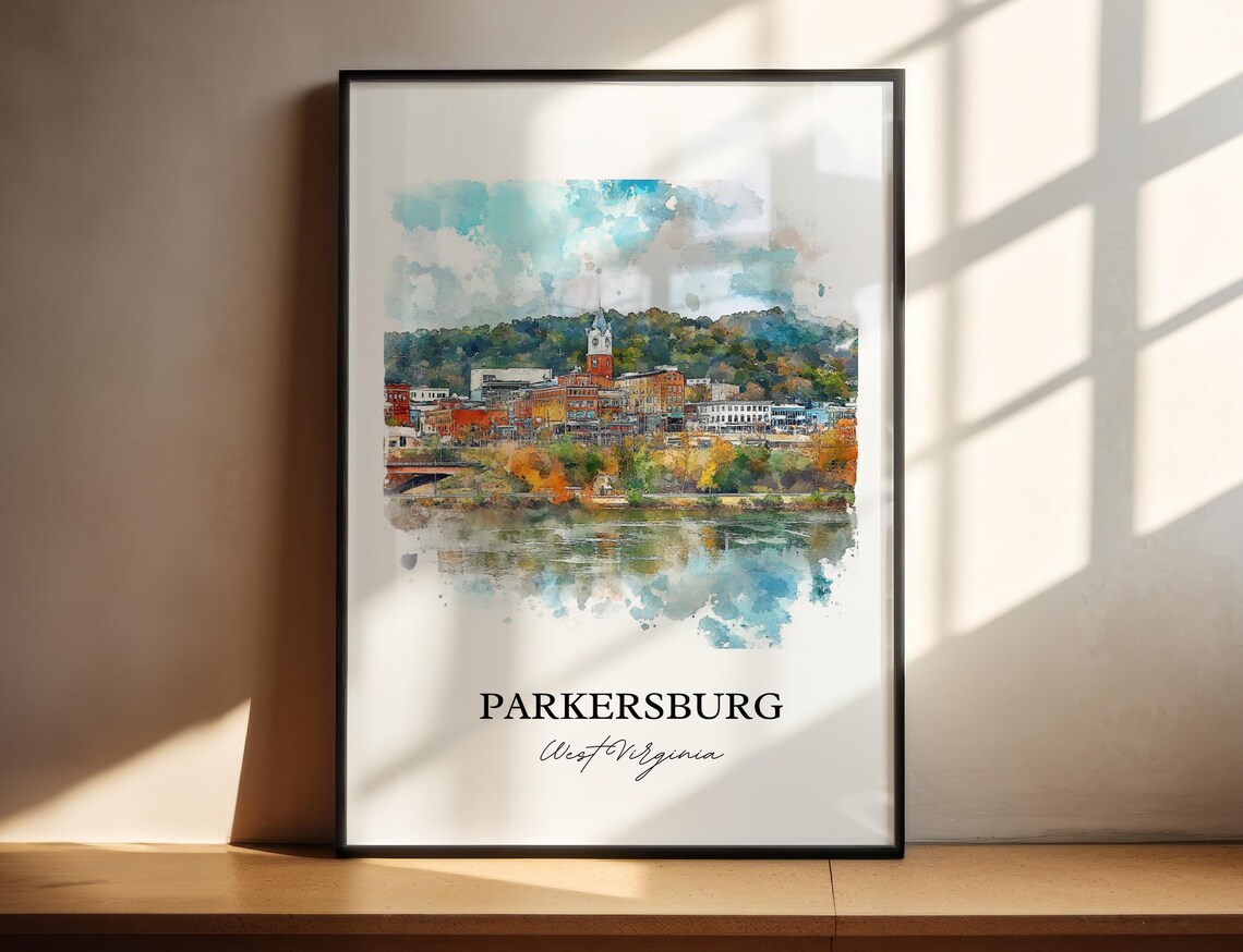 Parkersburg West Virginia Watercolor Riverside Town Clock Tower Poster
