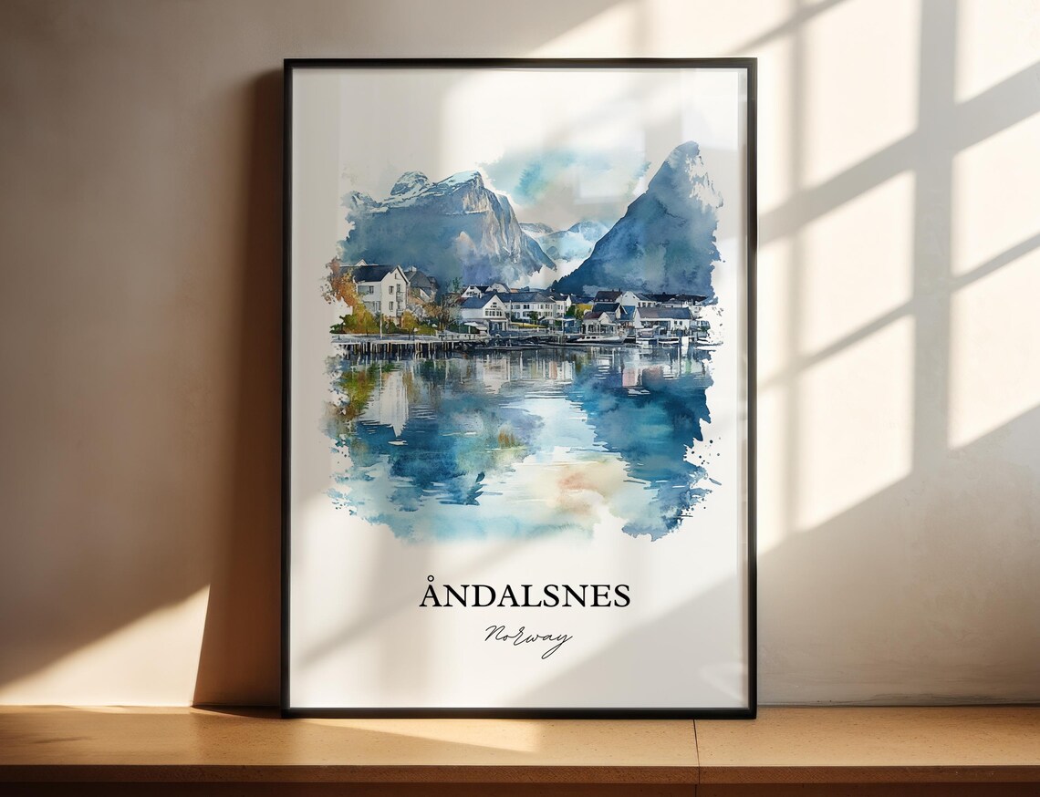 Andalsnes Norway Watercolor Fjord Town Mountain View Travel Poster