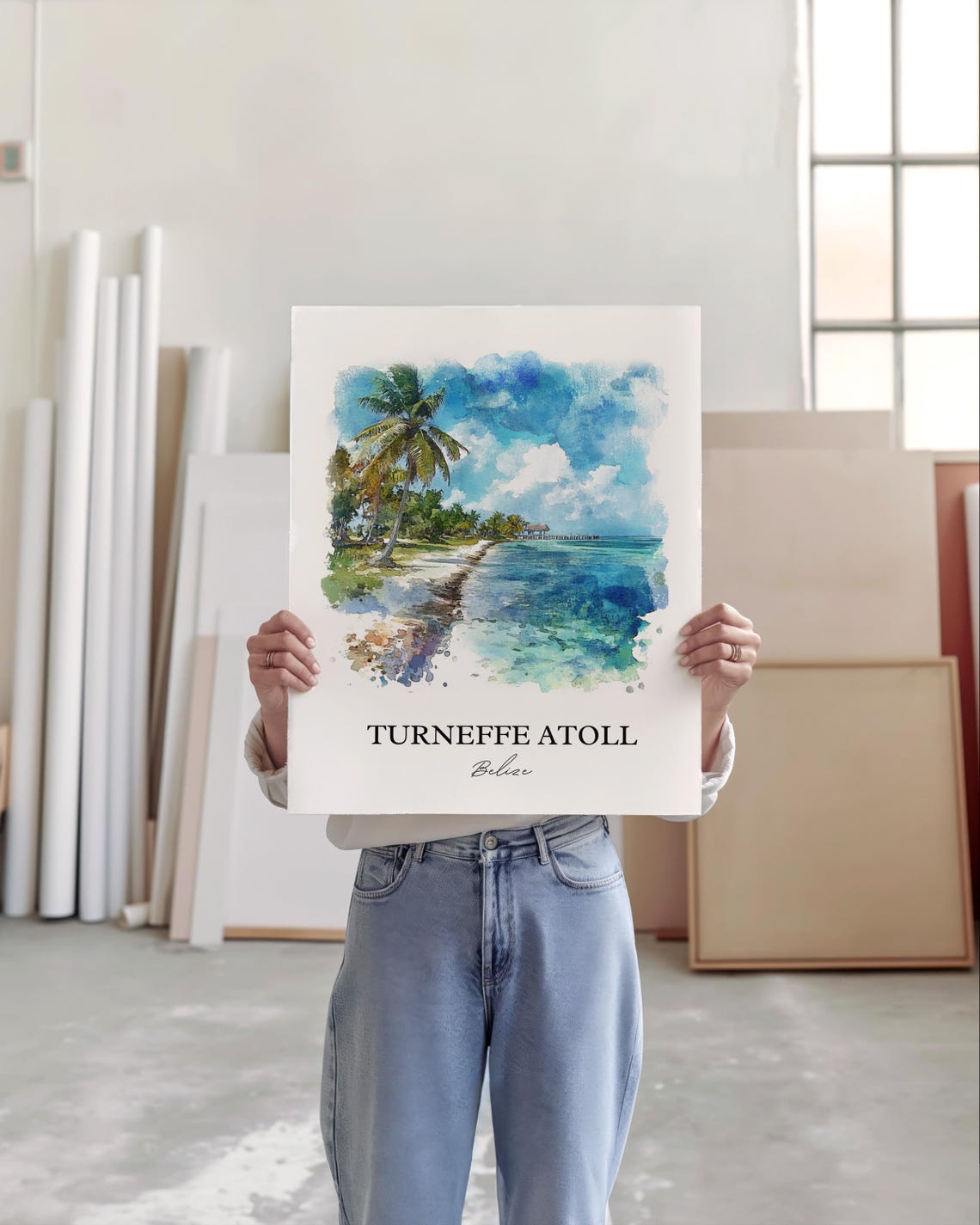 Turneffe Atoll Belize Beach Watercolor Tropical Ocean Scene Poster - Image 4