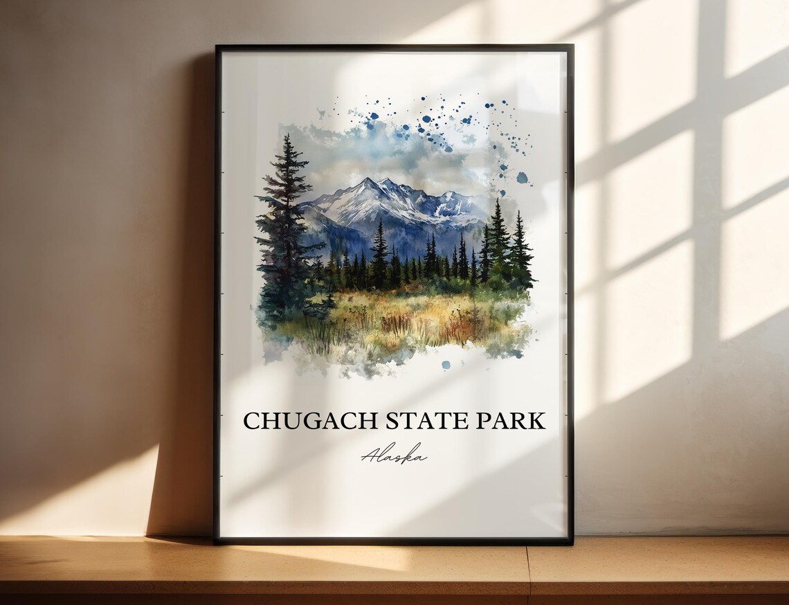 Chugach State Park Alaska Snowcapped Peak Watercolor Travel Poster