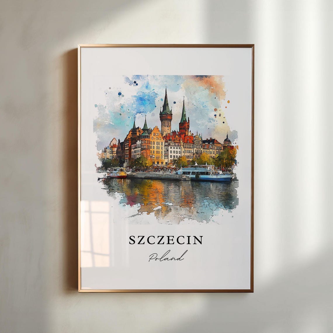 Szczecin Poland Riverside Old Town Watercolor Cityscape Poster